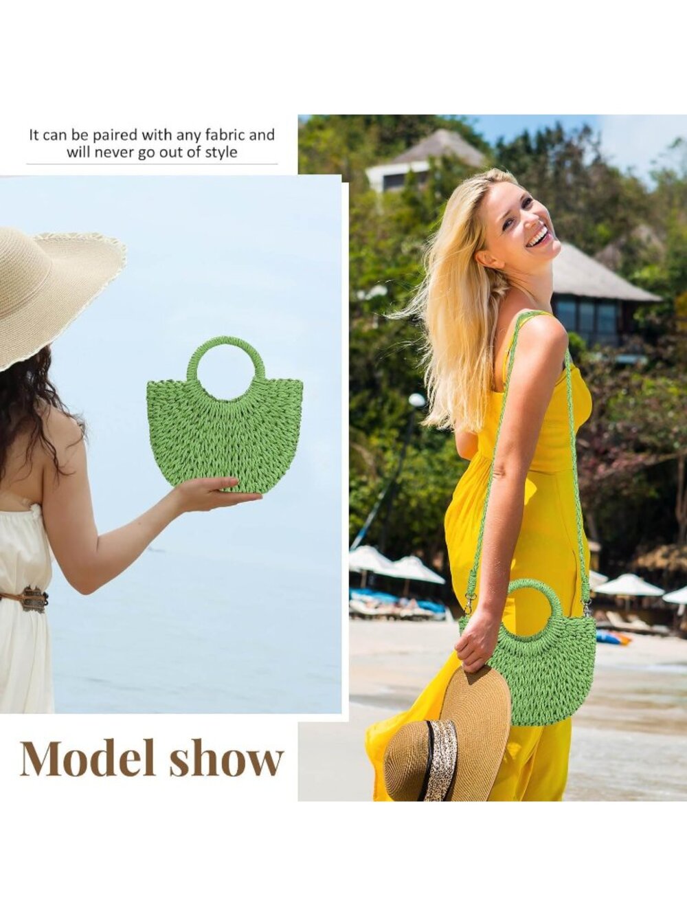 Women's Green Summer Beach Tote Purse Raffia Woven Crossbody Shoulder Bags - Picture 7 of 7